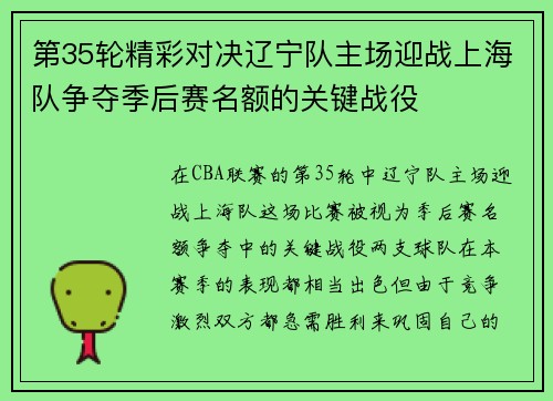 第35轮精彩对决辽宁队主场迎战上海队争夺季后赛名额的关键战役